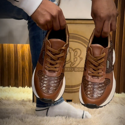 Cognac Python And Calfskin Fashion Sneaker