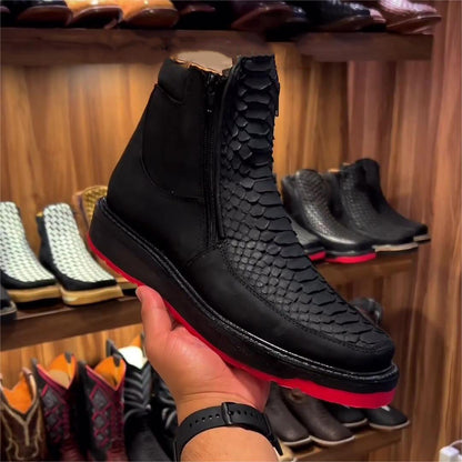 Retro scale pattern thick sole leather boots